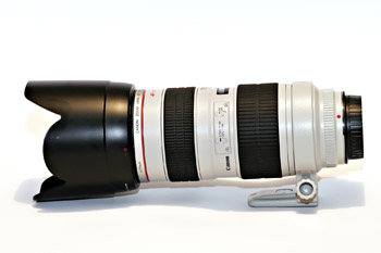 Salah satu lensa kualitas tinggi Canon berlabel L dan berwarna putih. Lensa ini memiliki harga sekitar dua puluh juta rupiah.