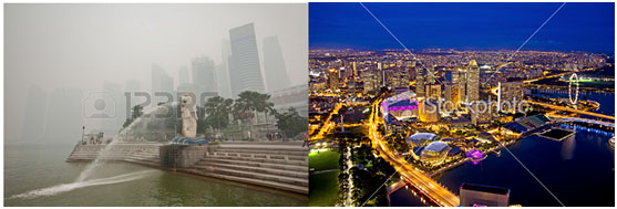 Contoh foto saya yang bersifat Editorial di sebelah kiri, ketika Singapura dilanda kabut asap dari Sumatera bulan lalu, di-download dalam waktu sehari. Yang kanan contoh Non Editorial mekipun saya harus menghapus satu persatu logo di gedung-gedungnya.
