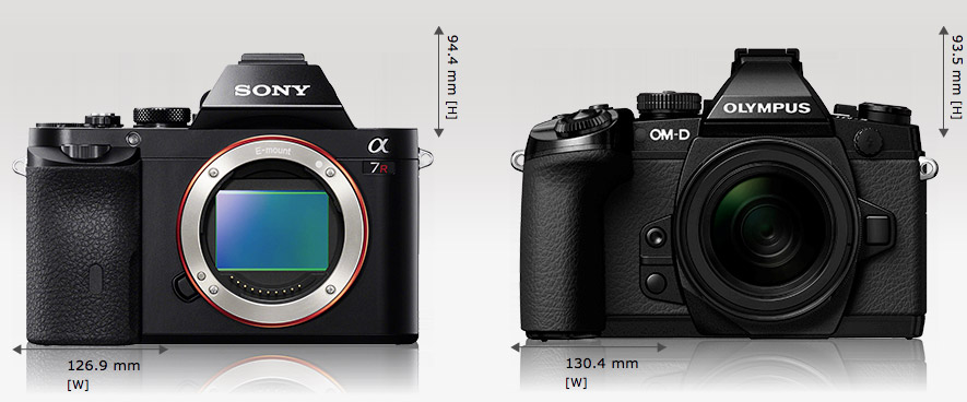 Kiri: Sony A7R fisiknya sedikit lebih kecil dari Olympus, tapi di dalamnya sensor gambarnya lebih besar 2X lipat