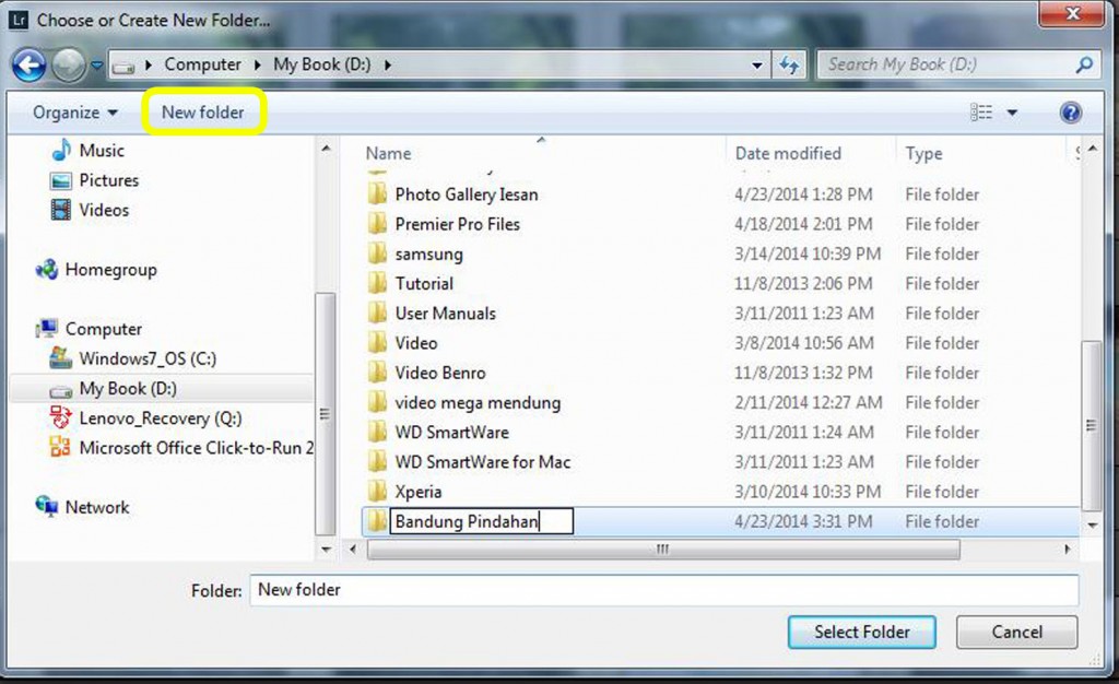 Membuat Folder baru "Bandung Pindahan" di Ext HDD