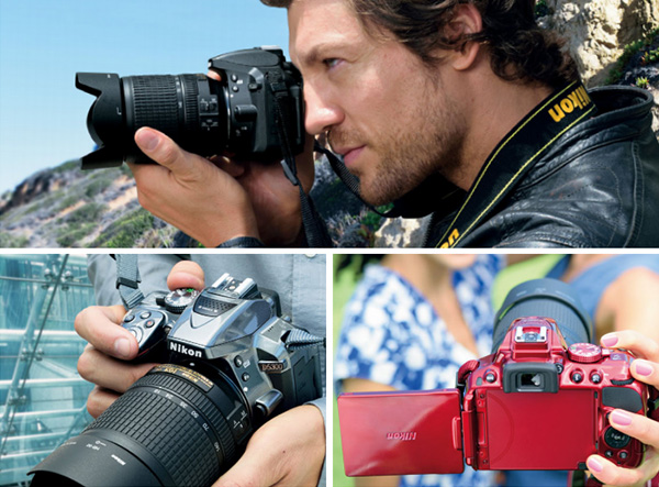 Nikon D5300 tersedia dalam beberapa warna. Terlihat dengan salah satu lensa kit Nikon 18-140mm f/3.5-5.6 VR