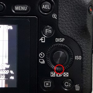 Akses ke Kompensasi Eksposur (Compensation Exposure) di kamera Sony dengan menekan tombol bawah (lingkaran merah)