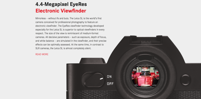 Jendela bidik elektronik Leica SL memiliki ukuran dan resolusi tinggi saat ini.